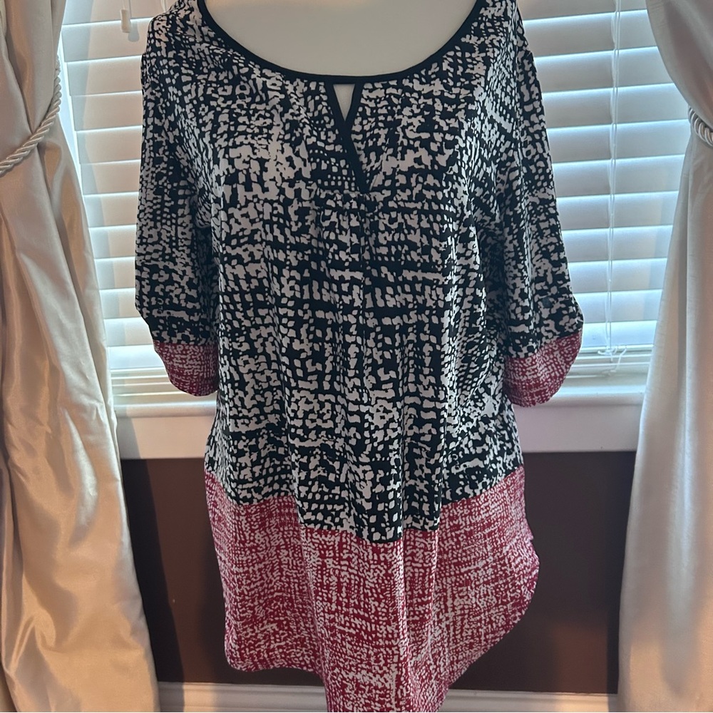 Perseption Black and White Blouse with Red Hem